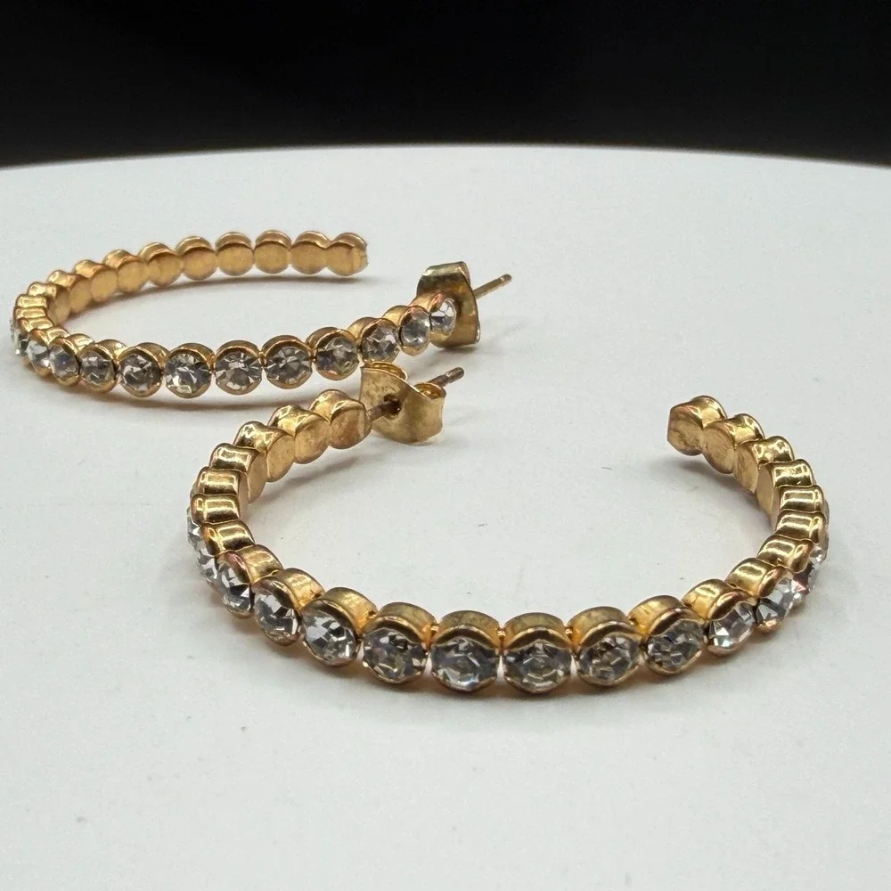 Gold Tone Rhinestone Hoop Earrings Clear Crystal Statement Glamour Gift for Her